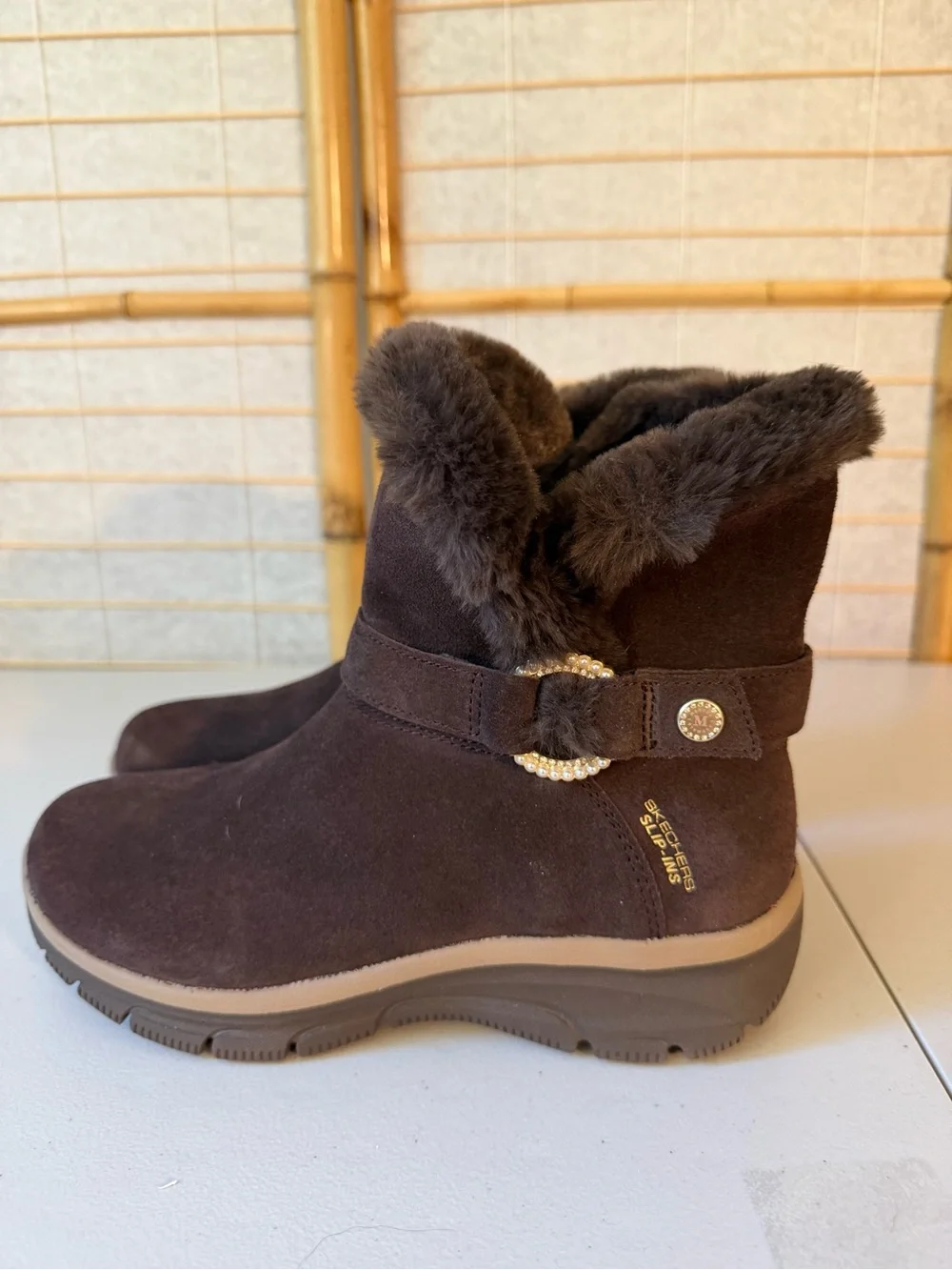 Skechers Dark Brown Faux-Fur Suede Ankle Boots with Decorative Buckle